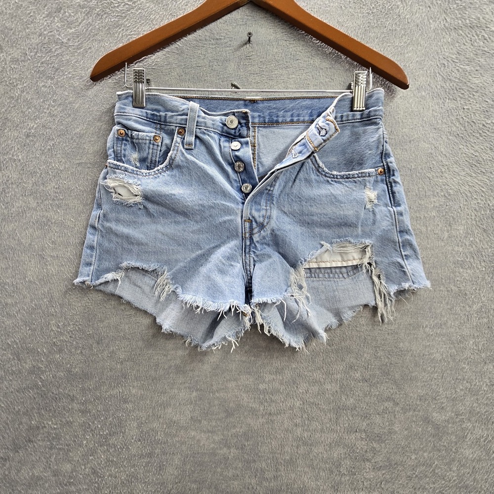 Levi's 501 Shorts W25 Light Blue Denim Cutoff Frayed Zipper High Rise - Picture 1 of 10